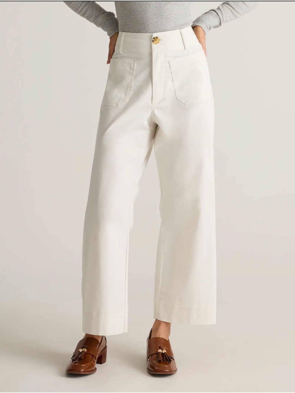 Quince Organic Stretch Cotton Chino Cropped Wide Leg Pants, Size 12, Frost Color